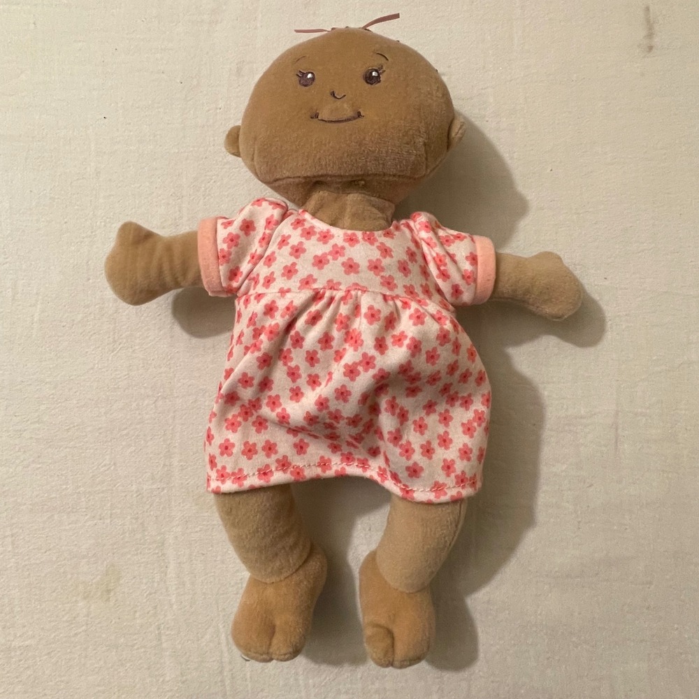 Manhattan Toy Company Stella Baby Doll Plush Toy Brown Girl Pink Flower Dress‎
